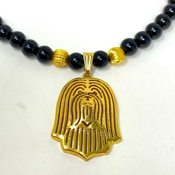 Havanese goldtone dog face necklace w/ black jasper 20.5” adjustable to 17.5” - Picture 3 of 5